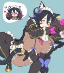  1girl 556_(rzrv7332) :3 :p absurdly_long_hair animal_ears apron bell black_hair blush bodysuit braid braided_ponytail breasts cat_ears cat_tail chibi ear_tag earrings hair_between_eyes heterochromia highres huge_breasts jewelry last_origin long_hair looking_at_viewer maid_apron maid_dress maid_headdress mole mole_under_mouth multiple_braids multiple_views orange_eyes poi_(last_origin) purple_eyes revealing_clothes tail tongue tongue_out very_long_hair 