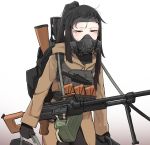  1girl assault_rifle backpack bag black_hair breathing carrying coat firearm forehead gas_mask gradient gradient_background gun half-closed_eyes highres k0ng knife knife_holster luggage machine_gun original ponytail red_eyes rifle sidelocks sweat tactical_clothes vest weapon white_background 