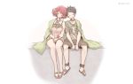  1boy 1girl alternate_costume bangs bare_legs breasts chest_jewel closed_eyes full_body large_breasts leaning_on_person mochimochi_(xseynao) o-ring pyra_(xenoblade) red_hair rex_(xenoblade) sandals shared_blanket shirt short_hair shorts shoulder-to-shoulder simple_background sitting sleeping sleeping_upright smile swept_bangs twitter_username white_background xenoblade_chronicles_(series) xenoblade_chronicles_2 