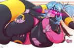  anthro belly big_belly big_breasts blue_hair breasts disembodied_hand eeveelution female force_feeding forced garuda_six glowing glowing_eyes hair huge_breasts hypnosis lying mind_control nintendo on_side overweight overweight_anthro overweight_female pok&eacute;mon pok&eacute;mon_(species) solo stuffing thick_thighs umbreon video_games weight_gain 