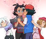  1girl 3boys antenna_hair ash_ketchum baseball_cap black_hair black_pants blonde_hair blue_eyes blue_pants blue_ribbon blue_vest blush brown_eyes clenched_teeth closed_eyes coat dark_skin dark_skinned_male dress eye_contact goh_(pokemon) grey_shirt hand_on_another&#039;s_shoulder hat heart holding_hands jealous looking_at_another multiple_boys pants pink_background pink_dress pokemon pokemon_(anime) pokemon_swsh_(anime) red_coat reflective_eyes ribbon sara_bonetti serena_(pokemon) shirt shirt_pull spiked_hair tagme teeth tokio_(pokemon) twitter_username vest white_hair white_shirt yaoi 