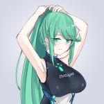  1girl adjusting_hair armpits arms_up bangs bare_arms black_swimsuit breasts chest_jewel earrings green_eyes green_hair grey_background jewelry large_breasts long_hair long_ponytail one-piece_swimsuit pneuma_(xenoblade) ponytail sarasadou_dan simple_background solo swept_bangs swimsuit upper_body very_long_hair xenoblade_chronicles_(series) xenoblade_chronicles_2 