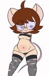  ahoge anthro areola belly blush breasts brown_hair buckteeth choker clothed clothing crop_top eyewear female glasses hair hands_behind_back jewelry legwear mammal mouse murid murine necklace panties partially_clothed red_(vono) rodent shirt short_hair simple_background skimpy solo spiral_eyes spiral_glasses standing stockings teeth topwear torn_clothing torn_legwear torn_stockings under_boob underwear vono white_background 