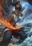  1girl arm_up armband artist_name avatar_(series) bare_shoulders blue_shirt blurry blurry_background breasts brown_hair closed_mouth dark_skin element_bending fighting_stance fire flaming_hand floating_hair hair_ornament hair_tubes high_collar high_ponytail highres korra legs_apart long_hair looking_at_viewer medium_breasts overskirt pants pelt ponytail raikoart rock shirt sidelocks signature sleeveless sleeveless_shirt solo standing the_legend_of_korra water wind 