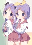  2girls hair_ribbon hamada_pengin highres hiiragi_kagami hiiragi_tsukasa long_hair long_sleeves lucky_star multiple_girls pleated_skirt purple_eyes purple_hair ribbon ryouou_school_uniform school_uniform serafuku short_hair siblings skirt twintails 