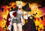  2girls ahoge akamakoto ascot bangs bare_shoulders bat black_cape black_dress black_headwear blonde_hair blush braid breasts brooch cape cross dress dual_persona fangs fate_(series) french_braid green_eyes grey_shorts grey_vest hair_bun hair_intakes halloween_costume hat jewelry large_breasts long_hair long_sleeves looking_at_viewer multiple_girls nero_claudius_(fate) nero_claudius_(fate)_(all) one_eye_closed popped_collar puffy_long_sleeves puffy_sleeves shorts silk smile spider_web thighs tongue tongue_out underbust vampire_costume vest witch_costume witch_hat 
