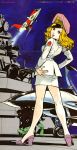  1980s_(style) 1girl 4boys aircraft airplane blonde_hair brown_eyes fighter_jet from_behind hat hiding high_heels highres jet long_hair looking_at_viewer looking_back military military_hat military_uniform military_vehicle miniskirt multiple_boys nora_(twinkle_nora_rock_me!) official_art oldschool open_mouth peaked_cap pencil_skirt poster shadow skirt smile solo_focus twinkle_nora_rock_me! uniform 