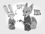  2020 4:3 anthro canid canine clothed clothing dialogue disney eating english_text eyes_closed fox fur grey_background hi_res inktober judy_hopps judyhopps44 lagomorph leporid mammal monochrome necktie nick_wilde rabbit red_fox shirt simple_background text topwear zootopia 