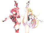  2girls absurdres breasts daive highres large_breasts leg_up long_hair multiple_girls mythra_(xenoblade) panties pyra_(xenoblade) red_eyes red_hair short_hair skindentation thighhighs underwear xenoblade_chronicles_(series) xenoblade_chronicles_2 yellow_eyes 