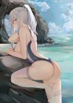  1girl ak-12_(girls_frontline) ass bangs beach blush braid breasts closed_mouth competition_swimsuit day eyebrows_visible_through_hair french_braid girls_frontline highres long_hair looking_at_viewer one-piece_swimsuit outdoors purple_eyes ribbon ru_zhai sidelocks silver_hair smile solo swimsuit thighhighs thighs toeless_legwear 