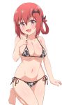  1girl animal_print bangs bare_shoulders barefoot bat_hair_ornament bikini breasts cleavage collarbone cow_print eyebrows_visible_through_hair fang gabriel_dropout hair_between_eyes hair_ornament hair_rings hand_on_own_chest hand_up highres kurumizawa_satanichia_mcdowell large_breasts looking_at_viewer nyaroon open_mouth pink_eyes red_hair shiny shiny_hair shiny_skin side-tie_bikini simple_background solo standing standing_on_one_leg string_bikini swimsuit thighs underboob white_background 