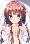  1girl absurdres blue_eyes bow breasts brown_hair collarbone covered_nipples hair_bow highres long_hair long_sleeves neko_pan off_shoulder open_clothes open_shirt original shirt sidelocks small_breasts solo upper_body white_bow white_shirt 