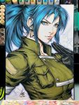  black_gloves blue_eyes blue_hair earrings gloves green_jacket hairband high_ponytail highres jacket jewelry leona_heidern lips looking_at_viewer military military_uniform pocket ponytail snk stanley_lau the_king_of_fighters traditional_media triangle_earrings uniform 