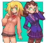  2girls alternate_costume blonde_hair brown_hair dakusuta glasses green_eyes hand_on_hip heart highres looking_to_the_side medium_hair multiple_girls rockman rockman_dash roll_caskett round_eyewear school_uniform tron_bonne 