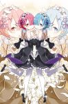  blue_hair blush breasts ddukae detached_sleeves dress frilled_sleeves frills hair_ornament hair_over_one_eye highres maid maid_headdress pink_ribbon pleated_skirt purple_ribbon ram_(re:zero) re:zero_kara_hajimeru_isekai_seikatsu rem_(re:zero) ribbon ribbon-trimmed_clothes ribbon_trim roswaal_mansion_maid_uniform short_hair siblings skirt twins underbust x_hair_ornament 