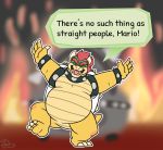  2020 anthro armband belly bowser bracelet collar dialogue duo english_text eyebrows eyes_closed hair happy hi_res horn jewelry koopa lgbt_pride male mario_bros nintendo offscreen_character open_mouth open_smile overweight overweight_anthro overweight_male red_hair scalie shell smile solo_focus spiked_armband spiked_bracelet spiked_collar spiked_shell spikes spikes_(anatomy) standing stated_sexuality text thetauren thick_eyebrows video_games yellow_body 