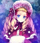  1girl alice_(messiah) blonde_hair blue_eyes bonnet bow carnelian drill_hair earrings flower flower_earrings forehead hair_bow hat jewelry long_hair looking_at_viewer messiah_(game) muff red_bow solo 