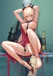  1girl absurdres alternate_costume anal_tail anklet armpits bangs bare_shoulders blonde_hair bound bound_wrists breasts censored crying crying_with_eyes_open cuffs dress drooling earrings fake_tail girls_frontline highres jewelry light_censor long_hair looking_at_viewer nipple_piercing ots-14_(girls_frontline) partially_visible_vulva piercing pink_dress pink_nails plunging_neckline shackles shoes single_shoe sitting solo tail tears thighs toes very_long_hair westking yellow_eyes 