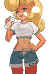  2020 activision anthro bandicoot blonde_hair bodily_fluids bottomwear clothing coco_bandicoot crash_bandicoot_(series) female fridge_(artist) hair hand_on_hip mammal marsupial midriff shorts simple_background solo sweat video_games water_bottle white_background 