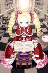  1girl beatrice_(re:zero) blonde_hair blush colorized crown ddukae dress drill_hair highres library long_hair mini_crown ootsuka_shin&#039;ichirou open_mouth re:zero_kara_hajimeru_isekai_seikatsu ribbon shoes skirt third-party_edit twin_drills 