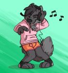  anthro bezzeroo black_clothing black_legwear black_socks boxer_briefs bulge canid canine clothing footwear green_background grey_hair hair headphones hi_res hoodie legwear male mammal music music_symbol open_mouth orange_clothing orange_underwear pink_clothing pink_topwear simple_background socks solo teeth_showing tinydeerguy toeless_socks tongue_showing topwear underwear 