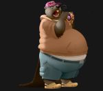  anthro beaver belly belt big_belly brown_body brown_fur buckteeth clothed clothing crocs doughnut eating food fur gaping_mouth hat headgear headwear hi_res holding_food holding_object hoodie hyenahyena male mammal obese obese_anthro obese_male open_mouth overweight overweight_anthro overweight_male pizza rodent solo standing teeth topwear uvula weight_gain 