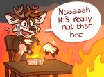  anthro bodily_fluids cervid chair cutlery darwin_(tinydeerguy) dialogue english_text fire food fork furniture hi_res kitchen_utensils male mammal noodles ramen snot solo spicy spicy_food table tears text tinydeerguy tools 