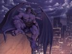  balls barazoku big_muscles captaingerbear city cityscape claws clothing cloud disney gargoyle gargoyles genitals goliath_(gargoyles) hair hi_res horn humanoid humanoid_pointy_ears loincloth long_hair long_penis looking_away male marble muscular muscular_humanoid muscular_male night nude penis purple_background purple_body purple_skin simple_background solo 