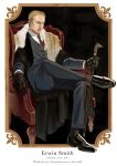  1boy armchair black_footwear black_gloves black_jacket black_pants black_suit blonde_hair border cane chair character_name commentary_request english_text erwin_smith frame full_body gloves jacket kozuha_(tc000ri) male_focus necktie pants shingeki_no_kyojin shirt sitting solo white_border white_shirt 