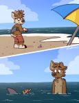  anthro barefoot beach blue_sky blue_water bottomwear canid canine canis cervid clothed clothing cloud domestic_dog duo hi_res male mammal red_bottomwear red_clothing seaside shark_fin shell sky swimwear tinydeerguy topless umbrella 