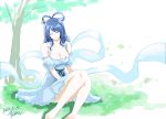  1girl absurdres artist_name bangs bare_shoulders blue_hair blue_ribbon breasts cleavage closed_eyes closed_mouth commentary_request dated eyebrows_visible_through_hair feet_out_of_frame grass hagoromo hair_ornament hair_rings hair_stick highres hisin kaku_seiga large_breasts light_blue_dress medium_hair puffy_short_sleeves puffy_sleeves ribbon shawl short_sleeves signature sitting smile solo swept_bangs touhou tree white_background 