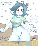  blue_hair breasts clothing dialogue fur glistening glistening_body glistening_skin hair hi_res leonkatlovre mammal tem temmie_(undertale) text undertale video_games white_body white_fur 