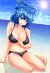  1girl arm_support barefoot bikini black_bikini blue_eyes blue_hair blush breasts cleavage cloud collarbone day dutch_angle eyebrows_visible_through_hair full_body hair_ornament hair_rings hair_stick halo hand_in_bikini hand_on_own_chest highres hyoumon_(saihokutan) kaku_seiga large_breasts lens_flare looking_at_viewer medium_hair navel ofuda parted_lips shore sitting sky smile solo sun swimsuit thighs touhou water yokozuwari 