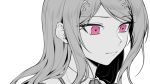  1girl akamatsu_kaede bangs close-up closed_mouth commentary_request danganronpa ewa_(seraphhuiyu) eyebrows_visible_through_hair face hair_ornament highres long_hair looking_down musical_note musical_note_hair_ornament new_danganronpa_v3 pink_eyes simple_background solo spot_color white_background 
