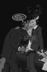  2020 anthro anthro_on_anthro balls beastars belt bodily_fluids bottomwear breath canid canine canis cervid cervine clenched_teeth clock clothed clothing desk dress_shirt duo english_text eyes_closed fur furniture genitals greyscale hand_on_penis hand_on_shoulder head_on_shoulder hi_res jacket legoshi_(beastars) louis_(beastars) male male/male mammal monochrome necktie on_desk pants pants_undone paper pen penis predator/prey red_deer shirt sitting spicedpopsicle suit sweat teeth text tongue tongue_out topwear watch wolf 