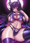  absurdres ahoge breasts cleavage cleavage_cutout clothing_cutout demon_girl demon_horns demon_tail demon_wings highres horns huge_breasts moon moonlight night night_sky nyarla_(osiimi) original osiimi purple_eyes purple_hair purple_horns purple_legwear sky succubus tail thick_thighs thighhighs thighs wings 