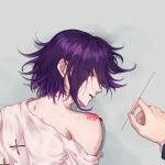  2boys blood bruise bruise_on_face commentary_request danganronpa ewa_(seraphhuiyu) from_side gradient_hair grey_background hair_between_eyes highres holding holding_needle injury jacket long_sleeves lying male_focus medium_hair messy_hair multicolored_hair multiple_boys needle new_danganronpa_v3 off-shoulder_jacket off_shoulder on_stomach open_mouth ouma_kokichi pink_hair profile purple_hair saihara_shuuichi saliva shoulder_tattoo simple_background solo_focus straitjacket striped striped_jacket tattoo tears torn_jacket white_jacket 