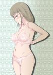  1girl adjusting_bra adjusting_clothes arms_behind_back blush bow bow_bra bra breasts brown_eyes brown_hair cleavage cowboy_shot floral_background glasses green_background groin half-closed_eyes heart lace-trimmed_bra lace-trimmed_panties lace_trim large_breasts light_frown looking_at_viewer minpei_ichigo navel open_mouth panties pink-framed_eyewear shadow solo soredemo_machi_wa_mawatteiru standing sweatdrop tatsuno_toshiko underwear underwear_only white_bra white_panties 