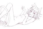  1boy animal_ears blush cat_boy cat_ears cat_tail commentary_request completely_nude danganronpa ewa_(seraphhuiyu) fang greyscale hair_between_eyes knee_up looking_at_viewer lying medium_hair messy_hair monochrome navel new_danganronpa_v3 nipples nude on_back open_mouth ouma_kokichi paw_pose simple_background smile solo stomach tail testicles white_background 