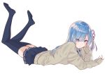  1girl alternate_hairstyle bangs black_legwear blue_eyes blue_hair casual hair_ribbon highres ichi_(iti562) long_hair long_sleeves looking_at_viewer lying on_stomach pout re:zero_kara_hajimeru_isekai_seikatsu rem_(re:zero) ribbon skirt solo sweater thighhighs zettai_ryouiki 