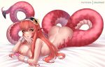  1girl alternate_costume areolae ass blush breasts cleavage commentary condom dr_altruist enmaided eyebrows_visible_through_hair hair_between_eyes hair_ornament hairclip highres holding holding_condom lamia large_breasts lips long_hair lying maid miia_(monster_musume) monster_girl monster_musume_no_iru_nichijou nipples nude on_stomach panties pointy_ears red_hair scales solo underwear wrist_cuffs yellow_eyes 