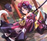  1girl calligraphy_brush fate/grand_order fate_(series) giant_brush hair_ornament hairpin holding holding_paintbrush japanese_clothes katsushika_hokusai_(fate/grand_order) kimono octopus off_shoulder outdoors paintbrush print_kimono purple_eyes purple_hair purple_kimono sakazakinchan sitting tabi tokitarou_(fate/grand_order) wide_sleeves zouri 