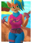  3:4 activision anthro bandicoot beach belt bottomwear clothing crash_bandicoot_(series) crate ear_piercing ear_ring female fingerless_gloves gloves green_eyes handkerchief handwear hartery hi_res jungle kerchief mammal marsupial open_mouth pants piercing pirate_tawna sand sea seaside solo tawna_bandicoot topwear video_games water 