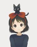  1girl animal_on_head ayu_(mog) black_cat black_eyes black_hair blush_stickers bow bow_hairband cat cat_on_head closed_mouth grey_sweater hair_bow hairband highres jiji_(majo_no_takkyuubin) kiki looking_at_viewer majo_no_takkyuubin on_head red_bow red_hairband short_hair signature simple_background smile solo sweater white_background 