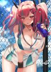  1girl azur_lane bangs bare_shoulders blue_sky blush bottle bra breasts bremerton_(azur_lane) bremerton_(scorching-hot_training)_(azur_lane) chain-link_fence cleavage cloud collarbone collared_shirt cowboy_shot crop_top crop_top_overhang day english_commentary eyebrows_visible_through_hair felielle fence green_skirt grey_hair hair_between_eyes hair_intakes hair_ornament hairclip heart heart_necklace highres holding holding_bottle large_breasts leaning_forward lens_flare long_hair looking_at_viewer midriff mole mole_under_eye multicolored_hair navel ocean outdoors parted_lips pink_eyes pink_hair see-through shirt sidelocks signature skirt sky sleeveless sleeveless_shirt solo sportswear standing streaked_hair sweat tennis_uniform twintails twitter_username two-tone_hair two-tone_shirt two-tone_skirt underwear water_bottle water_drop wet wet_clothes wet_shirt wet_skirt white_bra white_shirt white_skirt wristband x_hair_ornament 