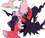  1girl beanie black_hair blush clenched_hand coat commentary_request darkrai dawn_(pokemon) frills gen_4_pokemon hair_ornament hairclip hat long_hair long_sleeves mythical_pokemon pokemon pokemon_(creature) pokemon_(game) pokemon_dppt pokemon_platinum scarf takashino_(noni-nani) white_background white_headwear white_scarf 