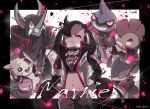  1girl artist_name asymmetrical_bangs bangs black_hair character_name closed_mouth coat commentary_request eyelashes gen_4_pokemon gen_5_pokemon gen_8_pokemon grimmsnarl hair_over_one_eye hair_ribbon highres liepard light_smile looking_at_viewer marnie_(pokemon) morpeko morpeko_(full) navel number odd_(hin_yari) open_clothes open_coat pink_eyes pink_ribbon pokemon pokemon_(creature) pokemon_(game) pokemon_swsh popped_collar ribbon scrafty shorts toxicroak watermark 