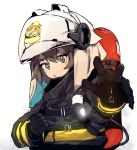  1girl arknights black_coat black_gloves brown_eyes brown_hair coat ddari fire_helmet firefighter flashlight gloves highres looking_at_viewer oxygen_tank parted_lips reaching_out shaw_(arknights) simple_background solo upper_body white_background 