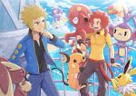  2boys absurdres afro ambipom black_shirt blonde_hair blue_eyes blue_jacket closed_mouth cloud commentary_request day drifblim elite_four fence flint_(pokemon) gen_1_pokemon gen_2_pokemon gen_3_pokemon gen_4_pokemon gen_5_pokemon gym_leader hand_up highres jacket jolteon joltik long_sleeves lopunny multiple_boys octillery open_clothes open_jacket open_mouth outdoors pants pokemoa pokemon pokemon_(game) pokemon_dppt raichu red_hair sand shirt shore short_sleeves sky smile teeth tongue volkner_(pokemon) water wingull yellow_shirt 