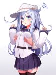  1girl :o bangs black_legwear blue_eyes blue_sailor_collar blue_skirt breast_grab breasts disembodied_head disembodied_limb eyebrows_visible_through_hair flat_cap grabbing groping hammer_and_sickle hat hibiki_(kantai_collection) kantai_collection long_hair long_sleeves open_mouth pleated_skirt reitou_mikan sailor_collar simple_background skirt solo_focus star_(symbol) thighhighs verniy_(kantai_collection) white_headwear 